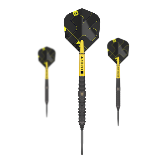 Dardos de acero Target Bolide Void 02 Swiss Point Auf dem Bild sind drei Steeldarts des Modells "Target Bolide Void 02 Swiss Point" zu sehen. Die Darts sind schwarz-gelb und haben eine strukturierte Griffzone sowie auffällige Flights.