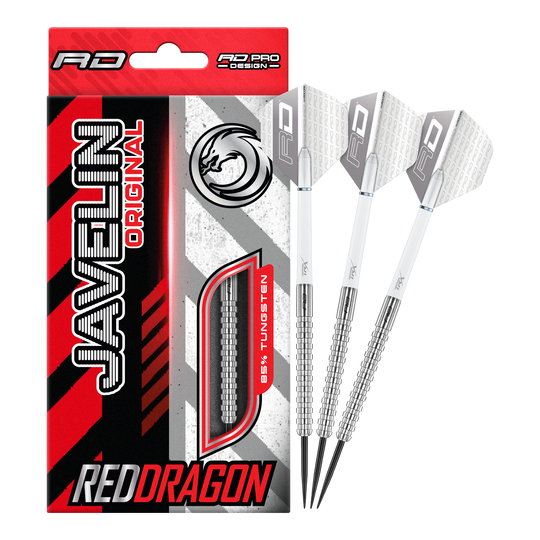 Dardos de acero Red Dragon Javelin Das Bild zeigt die Red Dragon Javelin Steeldarts in voller Ansicht. Sie sind speziell für das professionelle Darten entwickelt.