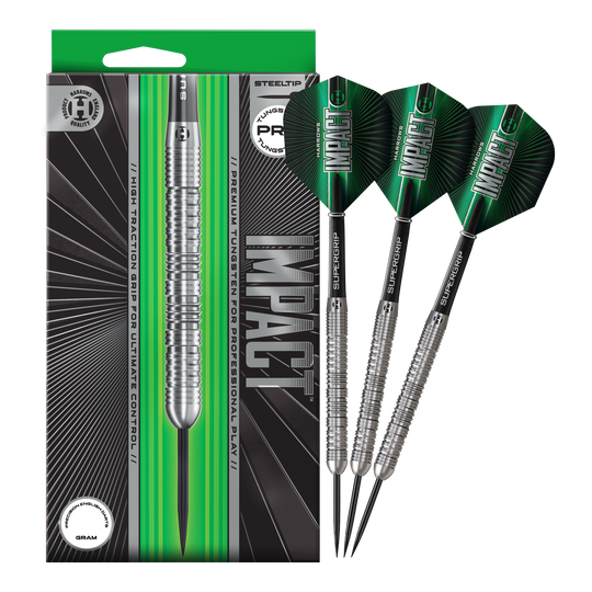 Dardos de acero de impacto Harrows Das Foto zeigt die vollständigen Harrows Impact Steeldarts. Die Darts sind fertig zusammengestellt für den Gebrauch.