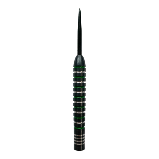 Barriles de dardos de acero McDart Silver Green Das Bild zeigt ein McDart Silver Green Steeldart Barrel. Der Dartpfeil hat silberne Ringe mit grünen Akzenten entlang des Griffbereichs.