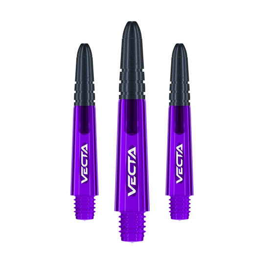 Flechas Winmau Vecta - Morado Negro Auf dem Bild sind drei lilafarbene und schwarze Dartschäfte der Marke Vecta zu sehen. Die Schäfte sind 34 mm lang und werden als Set geliefert.