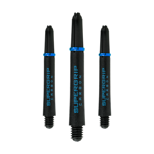 HR364_Harrows_Supergrip_Carbon_Shafts_Aqua_40mm_1b3eVBWLT6wk4u Das Bild zeigt drei Harrows Supergrip Carbon Shafts in der Farbe Aqua. Die Dartschäfte sind schwarz mit blauer Beschriftung und einem blauen Ring.