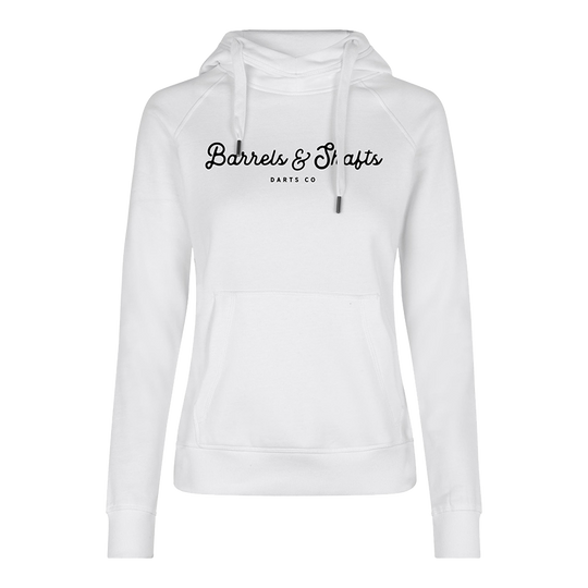 Sudadera con capucha Barrels and Shafts - Mujer - Blanco Dies ist ein weißer Damen-Hoodie mit Kapuze und Kängurutasche. Auf der Vorderseite steht der Text "Barrels & Shafts Darts Co".