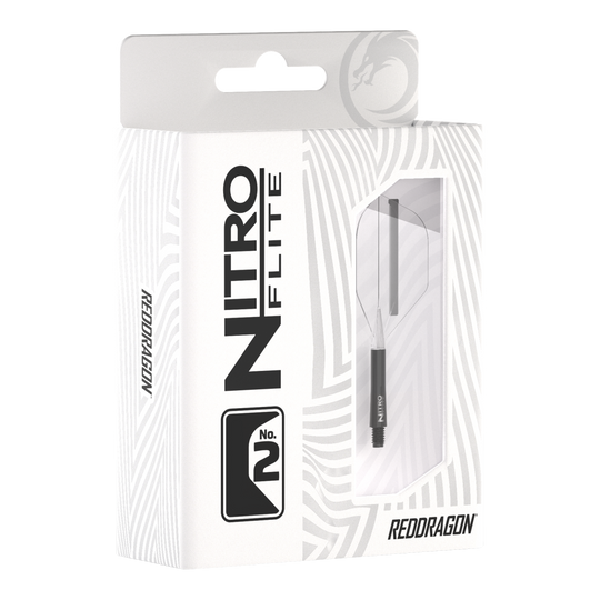 Red Dragon Nitroflite - Eje negro, plumas transparentes nº 2 Die Abbildung zeigt die Verpackung des Produkts „Red Dragon Nitroflite - Black Shaft Clear No2 Flights“. Die Verpackung ist überwiegend weiß mit schwarzen Aufdrucken und einer Sichtöffnung, durch die das Produkt zu sehen ist.