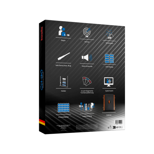 Diana electrónica CB 90 versión torneo Die Abbildung zeigt die Rückseite der Verpackung der elektronischen Dartscheibe CB 90 Turnierausführung mit Symbolen zu den wichtigsten Funktionen. Es werden verschiedene Merkmale wie Spieleranzahl, Spielmodi, LED-Display und Zubehör dargestellt.