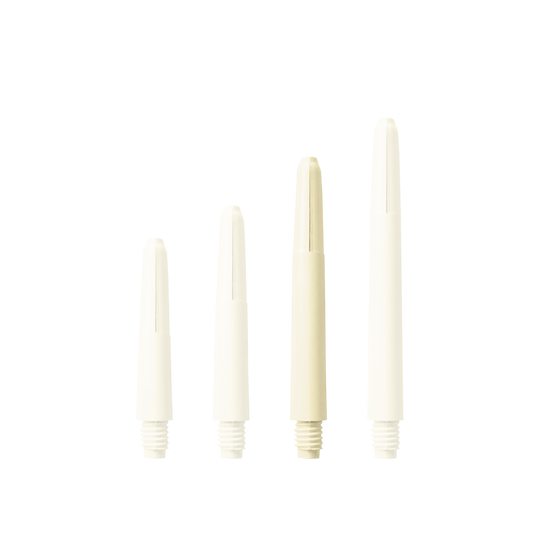 577_Nylon_Shafts_Naturweiss_40mm_1acxoP3mORhImZ Das Bild zeigt vier Nylon Shafts in Naturweiß, die in unterschiedlichen Längen angeordnet sind. Jeder Schaft hat am unteren Ende ein Schraubgewinde.