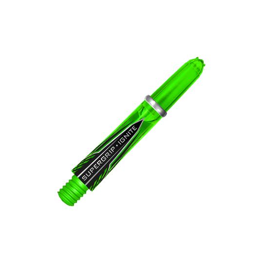 HR389_Harrows_Supergrip_Ignite_Shafts_Gr-n_33mm_2 Das Bild zeigt Harrows Supergrip Ignite Shafts in einer leuchtenden Farbe. Die Dartschäfte sind nebeneinander angeordnet.