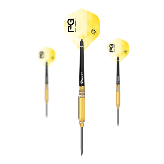 Bulls Patrick Geeraets Dardos de acero - 23g Das Bild zeigt drei Steeldarts des Modells "Bulls Patrick Geeraets" mit einem Gewicht von 23 Gramm. Die Darts haben gelbe Flights und einen goldfarbenen Barrel.