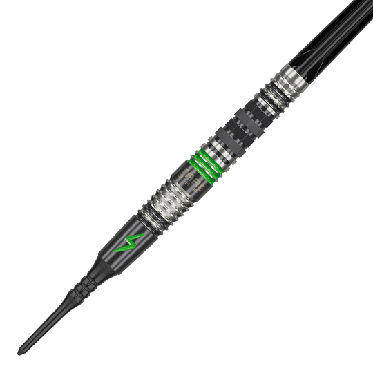 Dardos blandos Target Japan Black Marque Lightning 3 - 19 g Das Bild zeigt einen Softdart namens "Target Japan Black Marque Lightning 3" mit einem Gewicht von 19g. Der Dart ist schwarz-silber mit grünen Akzenten und einem Blitzsymbol verziert.