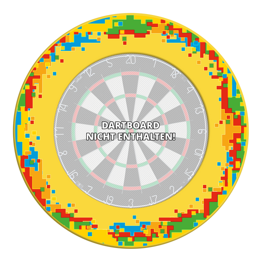 Marco para diana de píxeles McDart Das Bild zeigt ein gelb-schwarzes Dartboard-Surround mit Pixel-Muster. Es handelt sich um das Produkt 'MSF-H6_McDart_Pixel_Dartboard_Surround_Gelb_3'.