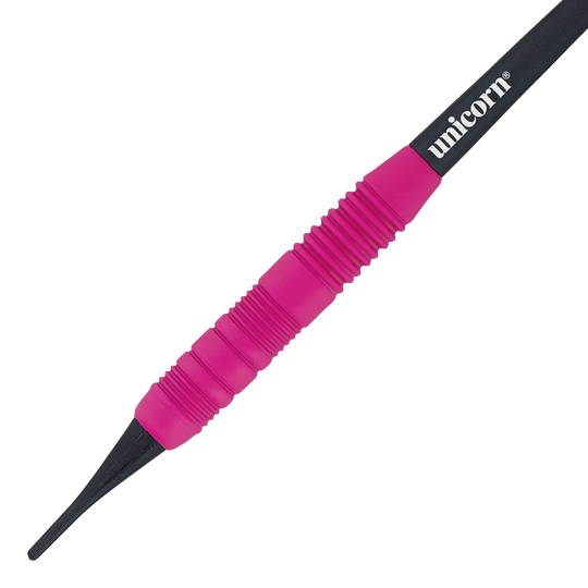 Dardos suaves de goma Unicorn Core Plus, color rosa - 19 g Das Bild zeigt einen Unicorn Core Plus Rubberised Pink Softdart mit einem Gewicht von 19g. Der Dart hat einen pinken, gummierten Griff und eine schwarze Spitze.