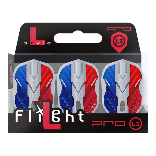 Vuelos L-Style V-Series V1 Tipo B Francia Blanco transparente L3PRO Das Bild zeigt eine Verpackung mit drei Dartflights der Marke L-Style in den Farben Blau, Weiß und Rot. Auf der Verpackung steht "Flight L Pro L3", und die Flights haben ein modernes, kantiges Design.