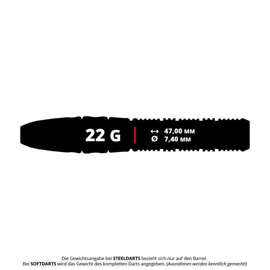 Das Bild zeigt die technischen Daten des "Target Japan Pyro GEN11 Swiss Point Steeldarts - 22g". Der Dart wiegt 22 Gramm, ist 47,00 mm lang und hat einen Durchmesser von 7,40 mm.