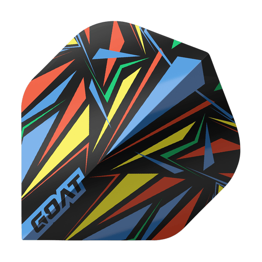 Vuelos estándar GOAT Athlete Blue No2 Dieses Bild zeigt ein Dart-Flight mit einem bunten, geometrischen Muster in Blau, Gelb, Rot und Grün. Auf dem Flight steht das Wort "GOAT" in blauen Buchstaben.