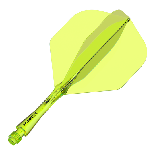 Sistema de eje de vuelo Winmau Fusion estándar amarillo Dies ist ein gelber Dartshaft mit integriertem Flight-System. Auf dem Schaft steht das Wort "FUSION" geschrieben.