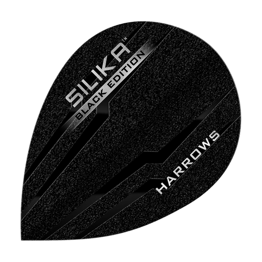Plumas de pera Harrow's Silica Black-Edition Dieses Bild zeigt das Produkt "Harrows Silika Black-Edition Pear Flights". Die Flights sind schwarz mit silbernen Akzenten und dem Text "SILIKA BLACK EDITION" sowie "HARROWS" darauf.