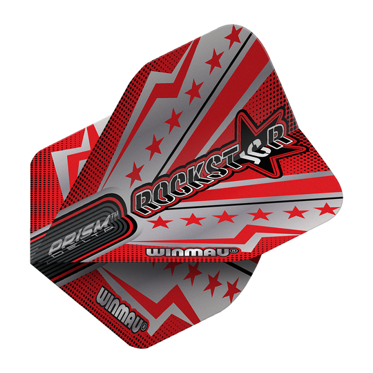 Vuelos estándar Winmau Prism Delta Joe Cullen Rockstar Series No2 Das Bild zeigt ein Dartflight aus der Winmau Prism Delta Joe Cullen Rockstar Series No2 Standard Flights. Das Design ist in Rot, Silber und Schwarz gehalten und zeigt Sterne sowie das Wort "Rockstar" in großer Schrift.