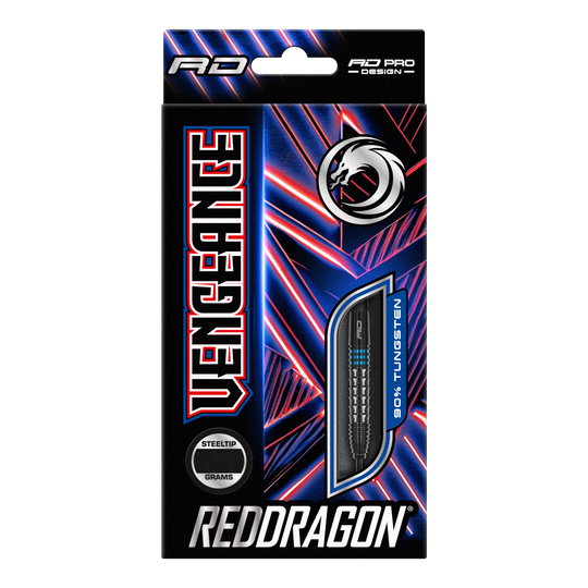 Dardos de acero azul Red Dragon Vengeance Auf dem Bild ist die Verpackung der "Red Dragon Vengeance Blue Steeldarts" zu sehen. Die Schachtel ist schwarz mit blauen und roten Akzenten und zeigt einen Dartpfeil mit dem Hinweis auf 90% Tungsten.