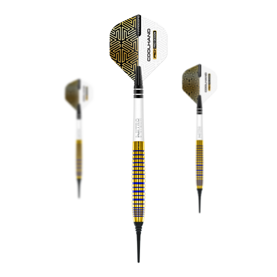 Dardos blandos Red Dragon Luke Humphries TX3 Gold SE - 20 g Auf dem Bild sind drei Softdarts des Modells "Red Dragon Luke Humphries TX3 Gold SE" mit einem Gewicht von 20g zu sehen. Die Darts haben goldene und weiße Designelemente mit schwarzen Spitzen und auffälligen Flights.
