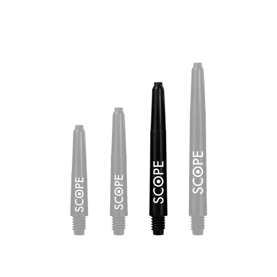 Das Bild zeigt vier schwarze McDart Scope Nylon Shafts in verschiedenen Längen. Auf jedem Shaft steht das Wort "SCOPE" in weißen Buchstaben.