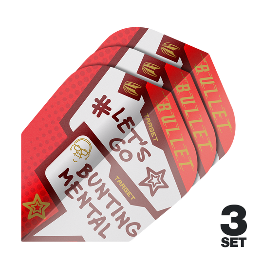 Vuelos Target Pro Ultra Stephen Bunting Mental No6 - 3 juegos Das Bild zeigt drei Sets der Target Pro Ultra Stephen Bunting Mental No6 Flights für Dartpfeile. Die Flights sind rot und weiß gestaltet und tragen die Aufschrift "#LET'S GO BUNTING MENTAL".