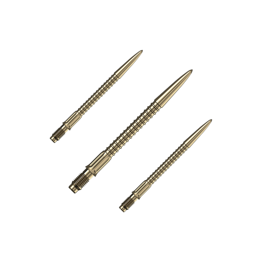 Puntas de dardo Mission R2.5 Rapid Point GV1 - Oro Ein Set goldener Dartspitzen ist auf dem Bild zu sehen. Das Set ist für Dartpfeile gedacht.