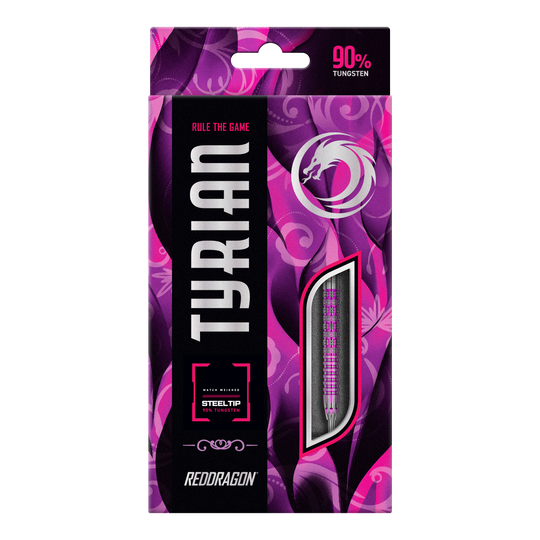 Dardos de acero de Tyrian del Red Dragon Die Abbildung zeigt die Verpackung der "Red Dragon Tyrian Steeldarts". Die Schachtel ist überwiegend in Lila- und Rosatönen gestaltet und hebt hervor, dass die Darts aus 90% Tungsten bestehen.