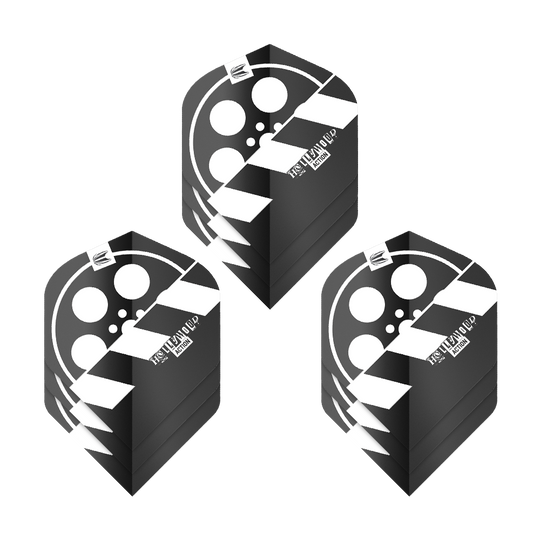 Target Pro Ultra Chris Dobey Hollywood Action No2 Vuelos Estándar - 3 Juegos Das Bild zeigt drei Sets von Dart-Flights mit einem Filmklappen-Design in Schwarz und Weiß. Die Flights tragen den Namen "Target Pro Ultra Chris Dobey Hollywood Action No2 Standard Flights".