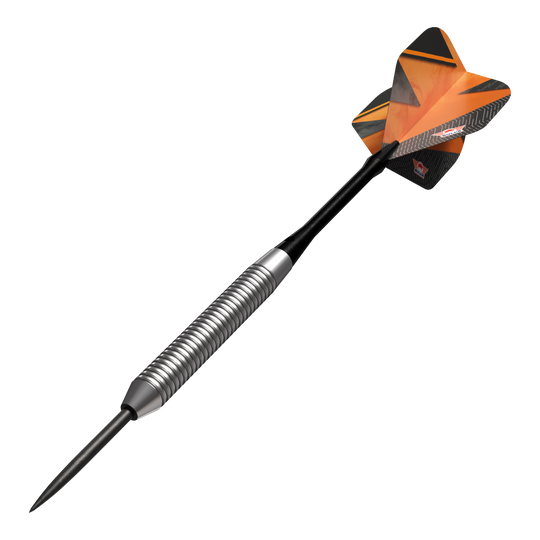 Dardos de acero naranja Bulls NL Lightning Das Bild zeigt einen Bulls NL Lightning Orange Steeldart. Der Dart hat einen silbernen, gerillten Schaft und orangene Flights mit schwarzen Akzenten.