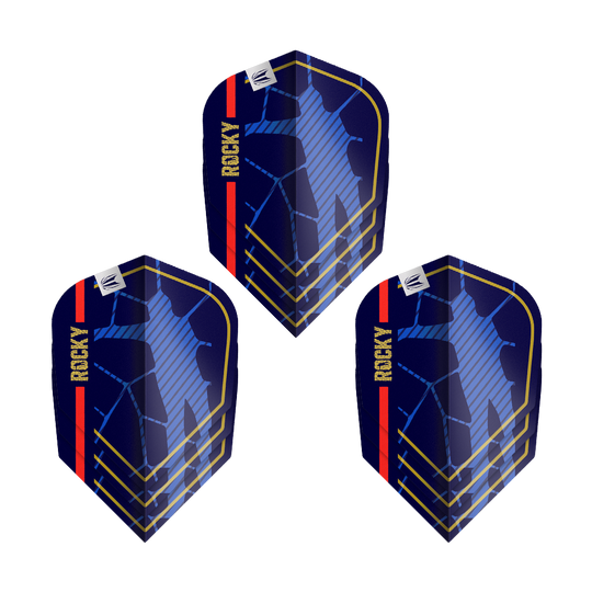 Vuelos Target Pro Ultra Josh Rock GEN1 No6 - 3 juegos Das Bild zeigt drei Dartflights des Produkts „Target Pro Ultra Josh Rock GEN1 No6 Flights - 3 Sets“. Die Flights sind dunkelblau mit goldenen Linien, einer roten Streifen und dem Schriftzug „ROCKY“ versehen.