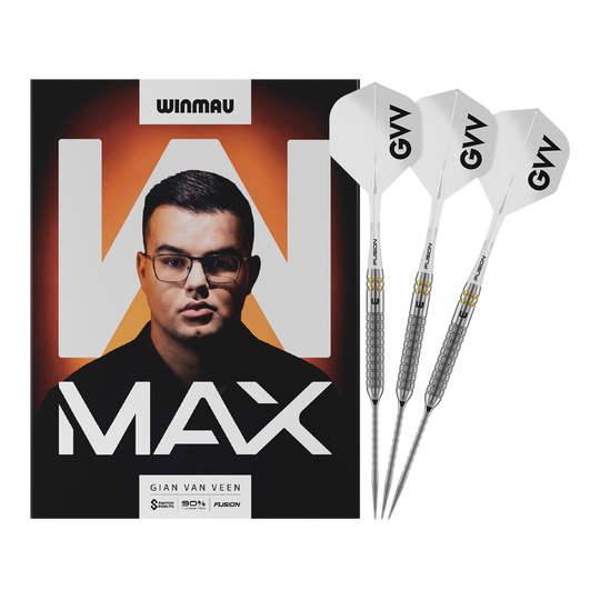 Dardos de acero Winmau Gian Van Veen W-MAX Switch Point Das Bild zeigt Winmau Gian Van Veen W-MAX Switch Point Steeldarts in voller Länge. Alle Details des Darts sind sichtbar.