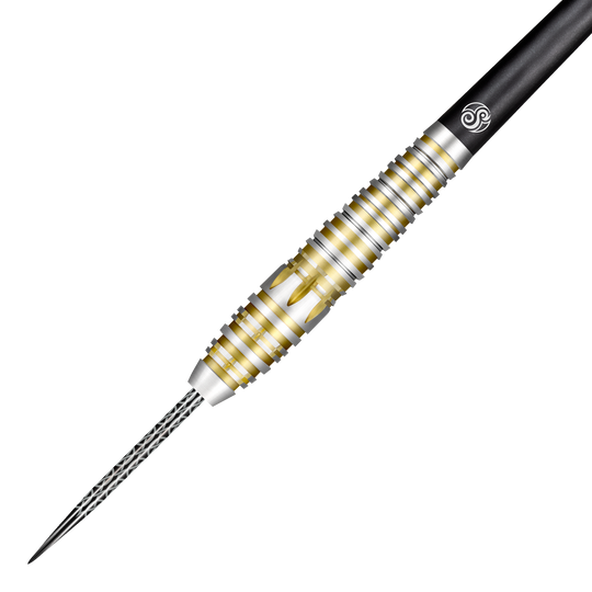Dardos de acero Shot Celt Balor Das Bild zeigt einen Shot Celt Balor Steeldart mit silbernen und goldenen Rillen am Griff. Die Spitze ist aus Metall und der Schaft ist schwarz.