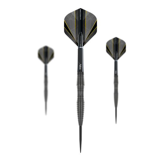 Red Dragon Seren 3 Dardos de Acero de Ónix Das Bild zeigt drei Steeldarts des Modells "Red Dragon Seren 3 Onyx". Die Darts haben ein schwarz-gelbes Design und sind mit geriffeltem Griff versehen.