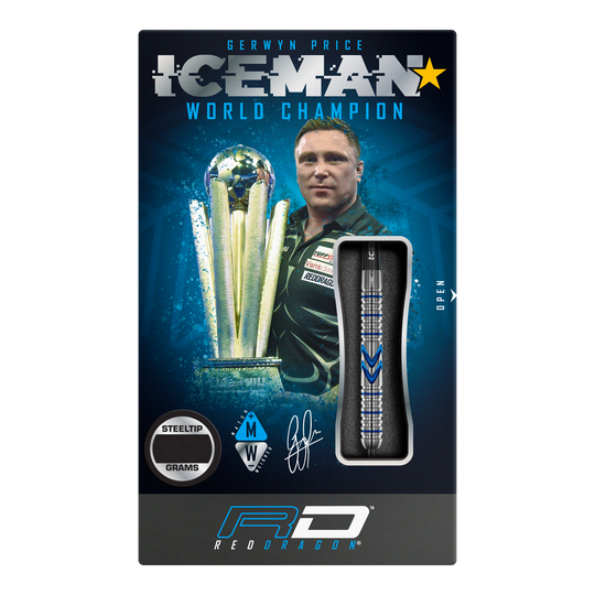 Dardos de acero Red Dragon Gerwyn Price Iceman Midnight Edition Das Bild zeigt die Verpackung der "Red Dragon Gerwyn Price Iceman Midnight Edition Steeldarts". Auf der Verpackung ist ein Bild von Gerwyn Price mit einem Pokal und einem Steel-Dart abgebildet.