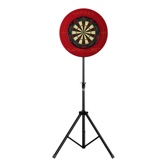 Soporte para diana Das Bild zeigt einen Dartboard-Ständer mit einer roten Umrandung und einer klassischen Dartscheibe. Der Ständer steht stabil auf drei Beinen und trägt das Produkt "Target Dartboard Stand".