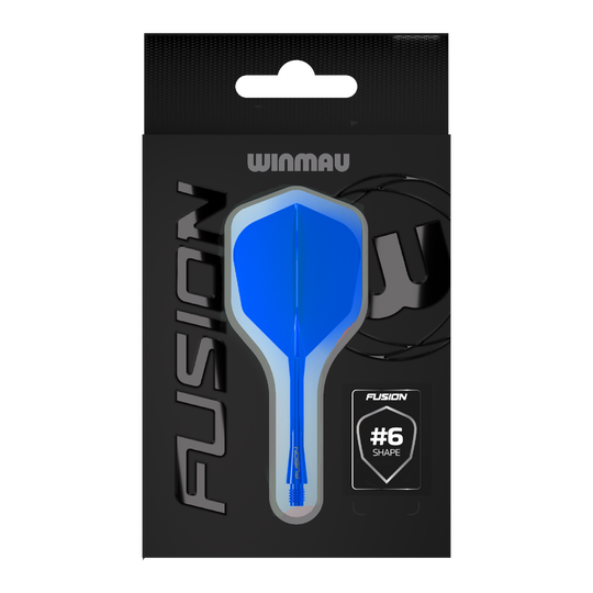 Auf dem Bild befindet sich das Winmau Fusion Flight-Shaft-System No6 in Blau. Dieses Accessoire wird für das Dartspiel verwendet.