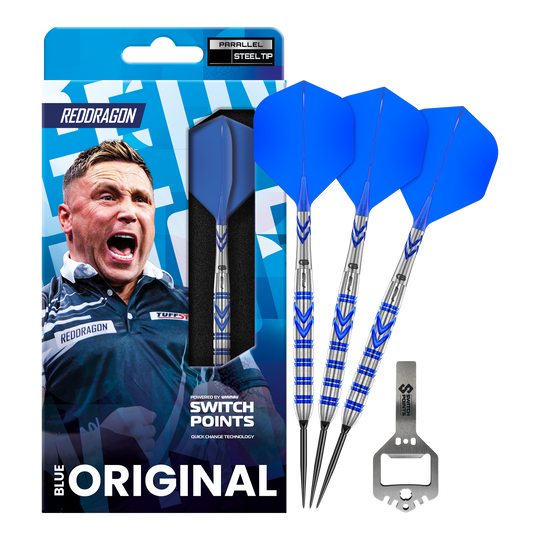 Dardos de acero Red Dragon Gerwyn Price Blue Original Switch Point Das Bild zeigt die Red Dragon Gerwyn Price Blue Original Switch Point Steeldarts. Es handelt sich um hochwertige Steeldarts mit blauem Design.
