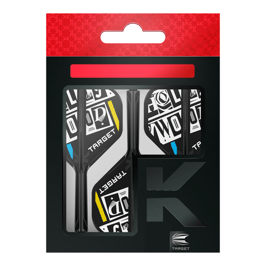 Sistema de eje de vuelo estándar Target K-Flex Chris Dobey No2 Das Bild zeigt eine Packung der "Target K-Flex Chris Dobey No2 Standard Flights". Die Flights sind schwarz-weiß mit gelben und blauen Akzenten gestaltet und befinden sich in einer schwarzen Verpackung mit rotem Aufhänger.