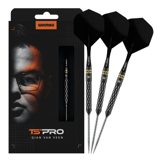 Abgebildet sind Winmau Gian Van Veen TS-PRO Switch Point Steeldarts in voller Länge. Die Darts stechen durch ihre Form hervor.