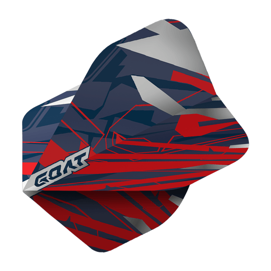 Vuelos estándar GOAT Homerun No. 2 Das Bild zeigt das Produkt „GOAT Homerun No2 Standard Flights“. Die Dartflights haben ein modernes, abstraktes Design in Rot, Blau und Grau mit dem GOAT-Logo an der Seite.