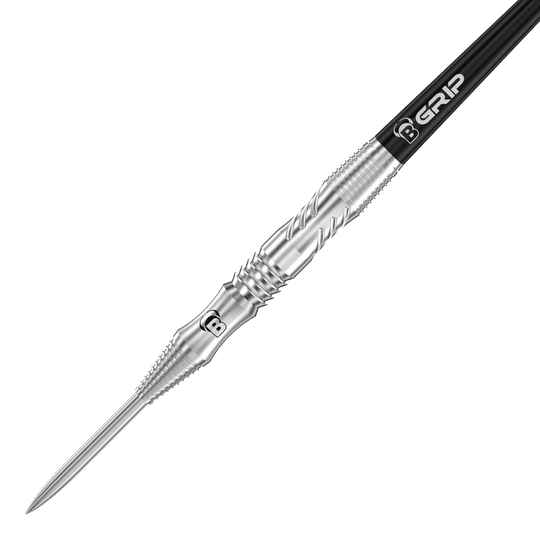 Dardos de acero Bulls Tac T1 Das Bild zeigt einen Bull’s Tac T1 Steeldart mit silberner Spitze und strukturiertem Griff. Auf dem Dart steht das Logo "B GRIP" auf einem schwarzen Schaft.