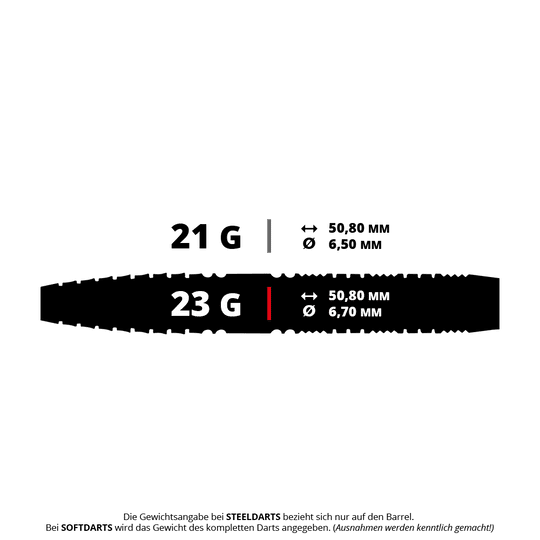 Dardos cónicos de acero Red Dragon Recon Das Bild zeigt Steeldarts mit dem Namen 'Recon Tapered' von Red Dragon. Die Darts wiegen 23 Gramm.