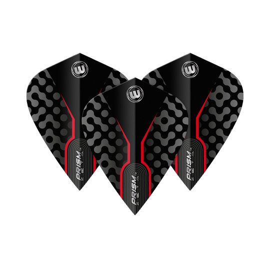 Vuelos Cometa Winmau Zeta Negro Rojo Das Bild zeigt drei Winmau Zeta Black Red Kite Flights. Sie sind schwarz mit roten Linien und einem auffälligen Muster in Grau.