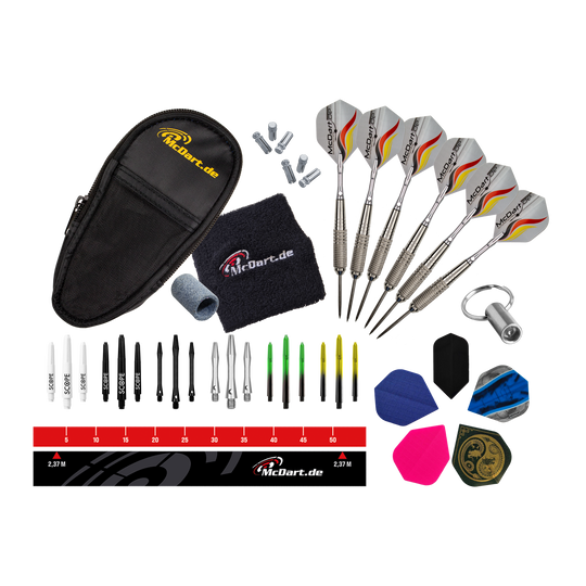 Paquete de inicio McDart Dardo de acero Das Bild zeigt das McDart Starterpack. Es handelt sich um ein Starterset für Dartspieler.