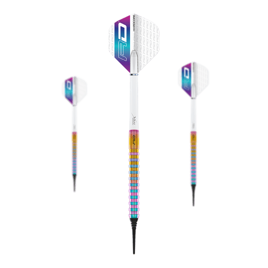 Dardos blandos Red Dragon Javelin Spectron - 20 g Das Bild zeigt drei Softdarts des Modells "Red Dragon Javelin Spectron" mit einem Gewicht von 20g. Die Darts haben farbenfrohe Griffe und weiße Flights mit lila und blauer Verzierung.
