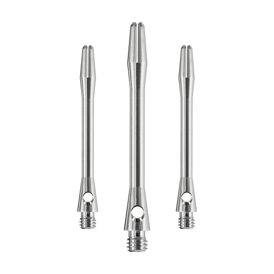 HR371_Harrows_Keramic_Shafts_Gun_Metal_47mm_1 Das Bild zeigt drei glänzende Harrows Keramic Shafts in der Farbe Gun Metal. Sie sind in unterschiedlicher Länge angeordnet und haben ein modernes, metallisches Design.