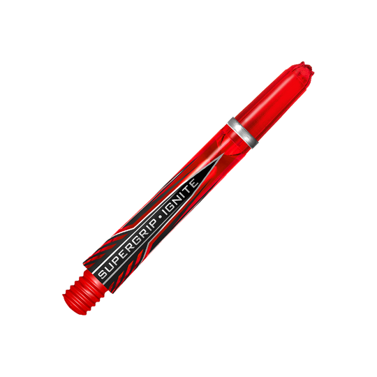 HR384_Harrows_Supergrip_Ignite_Shafts_Rot_40mm_2 Das Bild zeigt einen roten Harrows Supergrip Ignite Shaft. Im Hintergrund sind rote und schwarze Streifen zu sehen, die den Shaft hervorheben.