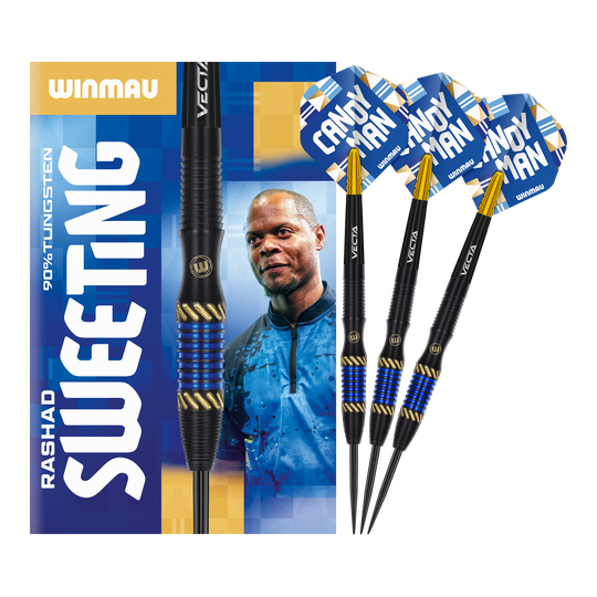Dardos de acero Winmau Rashad Sweeting - 24 g Auf dem Bild sind die Winmau Rashad Sweeting Steeldarts - 24g zu sehen. Die Verpackung zeigt ein Porträt von Rashad Sweeting und die drei Darts sind mit blauen und goldenen Akzenten gestaltet.