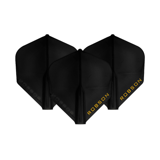 Plumas Robson Plus - Estándar Auf dem Bild sind drei schwarze Dart-Flights zu sehen. Auf jedem Flight steht das Wort "ROBSON" in gelber Schrift.