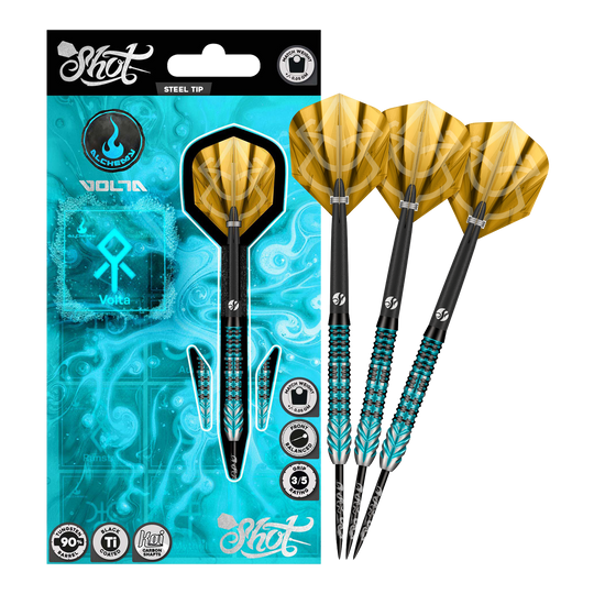 Dardos de acero Shot Alchemy Volta Das Bild stellt die Shot Alchemy Volta Steeldarts dar. Die Steeldarts sind hochwertig verarbeitet.